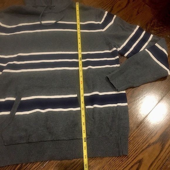 GAP Mens Charcoal Grey Knit Hooded Stripe Sweater with Front Pockets Sz Large - Picture 5 of 8